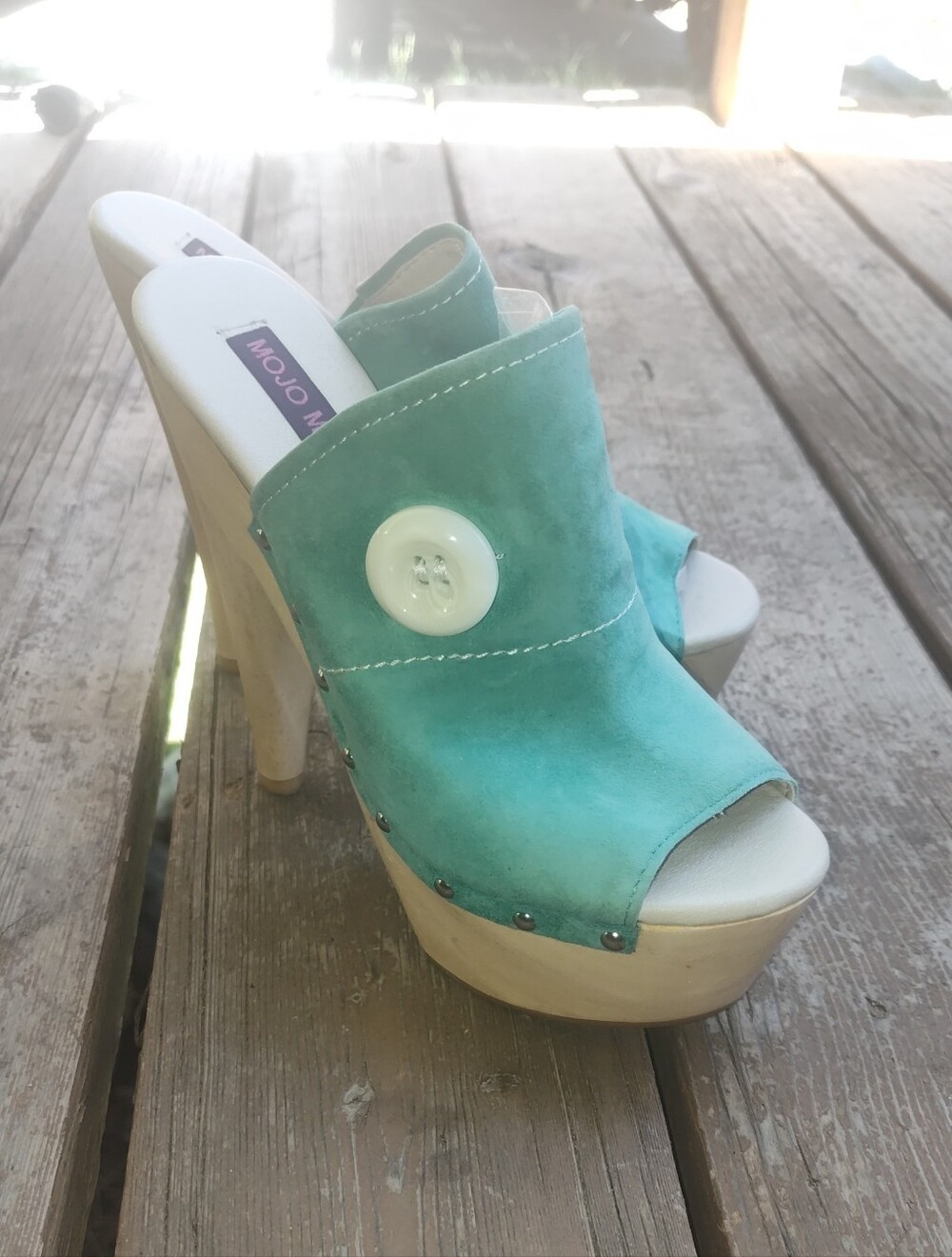 Mojo Moxy Teal Suede Platform Mule with Decorative Button
